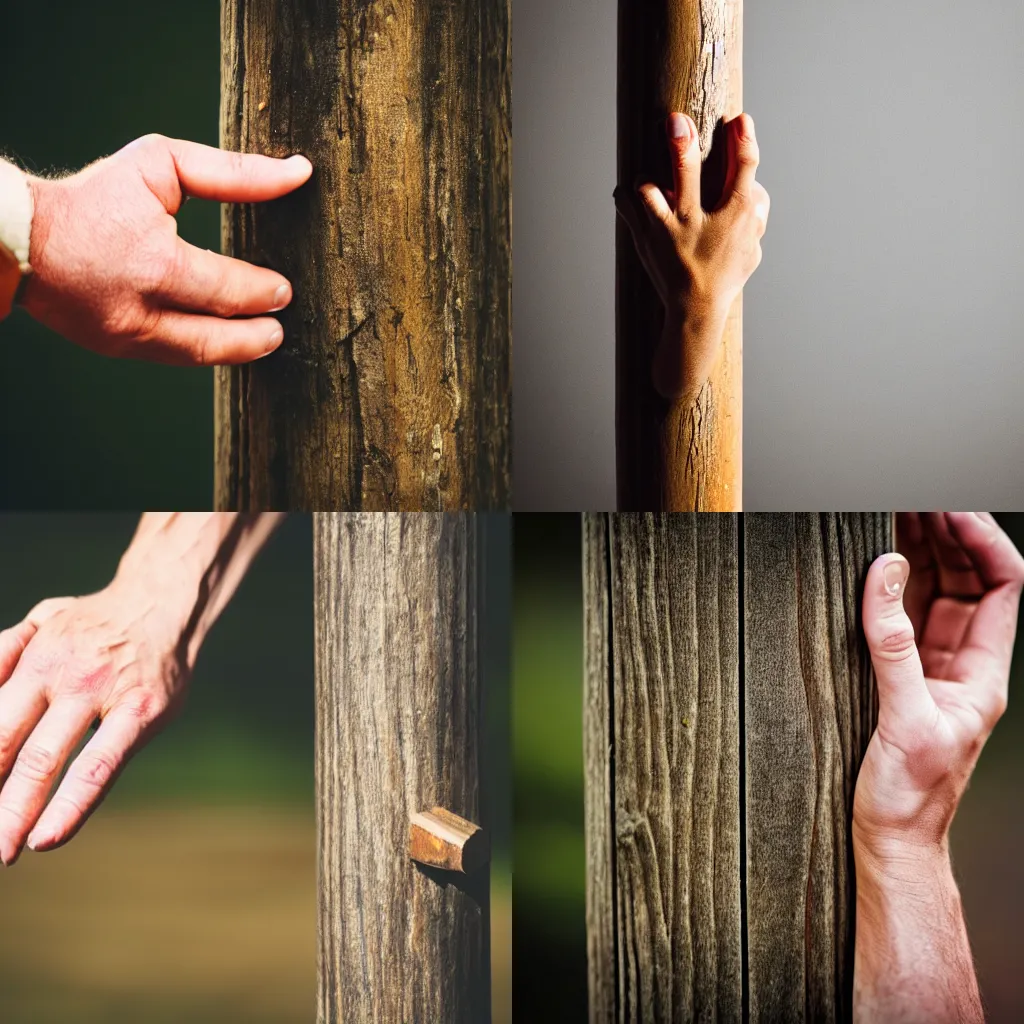 Prompt: hand model clutching a wooden pole