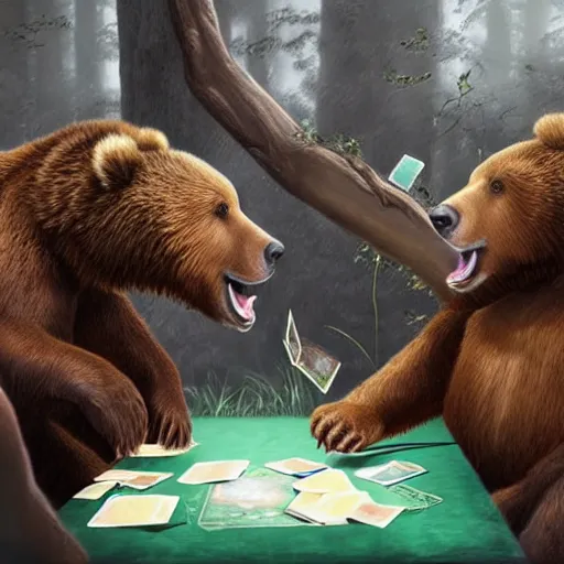 Image similar to brown bears playing magic the gathering, hyperrealism style