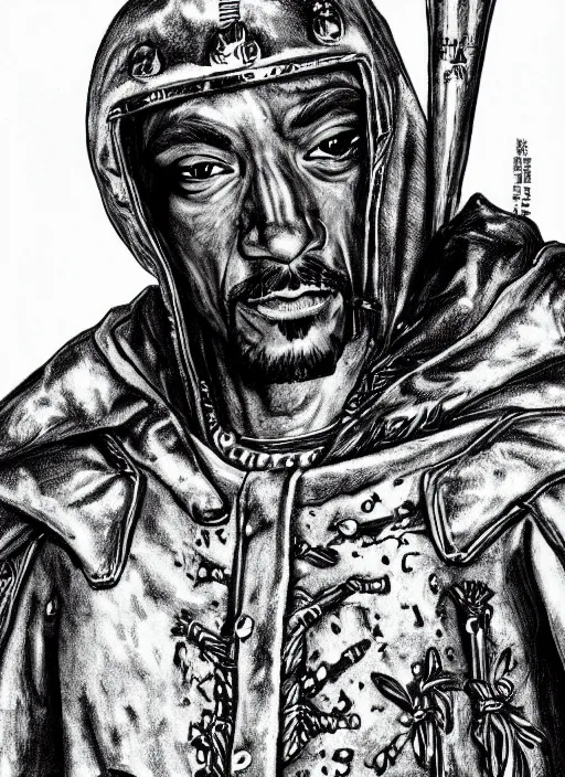 Prompt: Snoop Dogg as a knight, highly detailed, black and white, manga, art by Kentaro Miura
