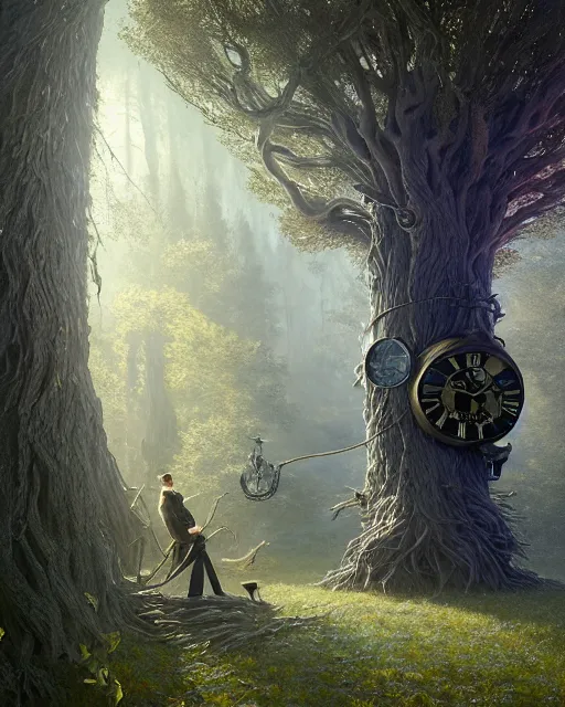 Image similar to highly detailed surreal vfx portrait of a cursed grandfather clock in a shadowy forest by a willow tree, stephen bliss, unreal engine, greg rutkowski, loish, rhads, beeple, makoto shinkai and lois van baarle, ilya kuvshinov, rossdraws, tom bagshaw, alphonse mucha, global illumination, detailed and intricate environment