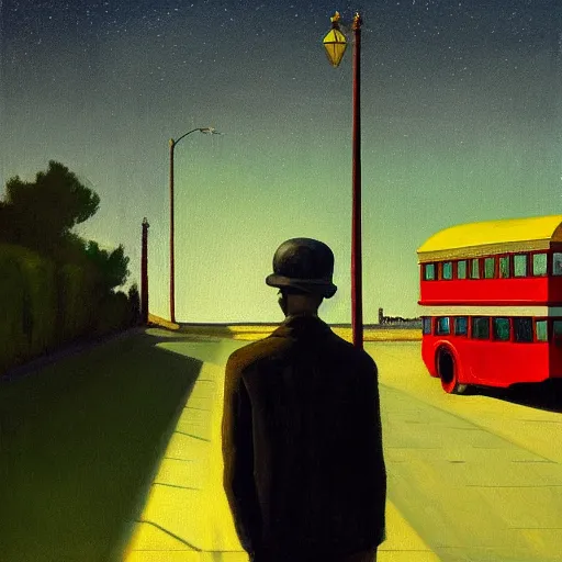 Image similar to a painting of a lonely man with a skull as his head waiting for the bus, green dramatic and cinematic light, the sky is full of stars, in the style of edward hopper, 4 k,