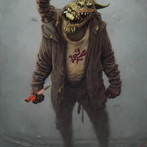 Prompt: grinning hellpunk the thieving Goblin wearing a grubby brown hoodie sweater whilst pointing a dagger at you chris cold marc simonetti ross tran greg rutkowski dan witz john currin vik muniz robert gober oil painting