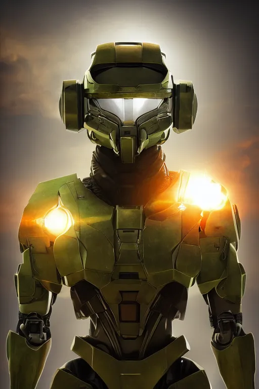 Image similar to robot ninja mask helmet halo master chief radiating a glowing aura global illumination ray tracing hdr fanart arstation by ian pesty and katarzyna da „ bek - chmiel