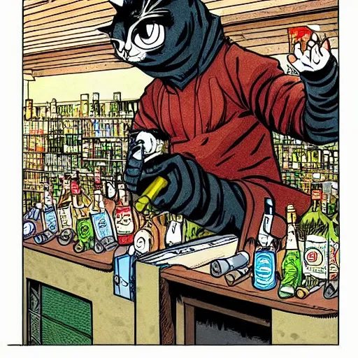 Image similar to detailed intricate colour illustration of a cat robbing a liquor store at gunpoint, comic book style, no speech bubbles, dystopian, dark, akira