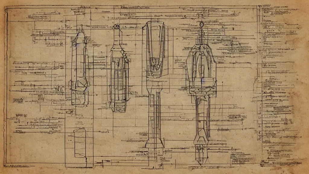 Image similar to renaissance blueprint of a lightsaber