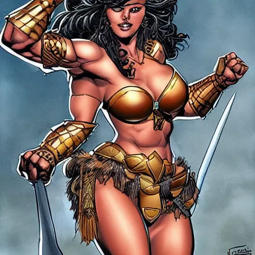 Image similar to Amazon warrior with a six-pack and heavy armor, drawn by J. Scott Campbell