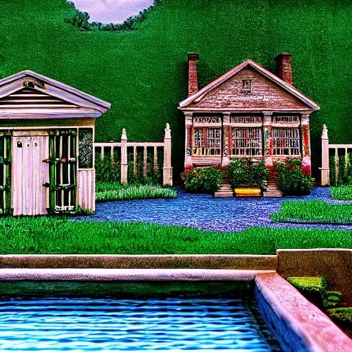 Prompt: hyperrealism photography computer simulation visualisation of detailed old bath in the detailed ukrainian village garden in dramatic scene from movie the big lebowski ( 1 9 9 8 )