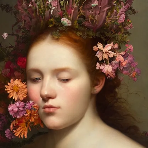 Prompt: a closeup portrait of one beautiful young woman surrounded by flowers, painted by willem wissing and rachel ruysch, hyperreal, dark, dramatic lighting, analogous complementary colour scheme