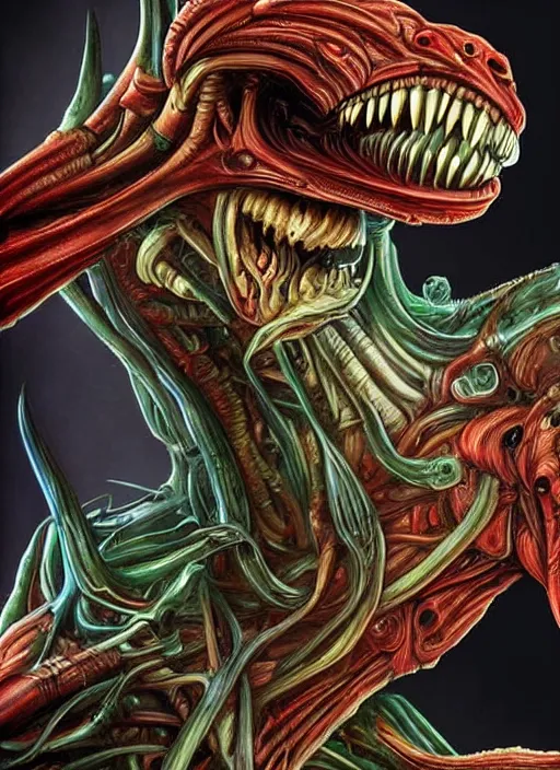 Image similar to a xenomorph with the face of vin diesel, monster anatomy, ross tran, vivid colors, anatomical, highly detailed sculpture, intricate detailed, ommatidia, 8 k, cinematic atmosphere, post - processing