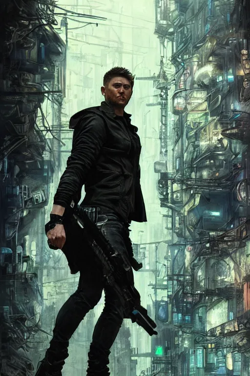 Image similar to a detailed full bodied matte portrait of an extremely handsome jensen ackles as time traveler walking down a dark alley of a futuristic dystopian cyberpunk city, holding a milkor mgl grenade launcher, aetherpunk, masterpiece, 8 k, art by greg rutkowski and albert bierstadt and arthur rackham and alphones mucha