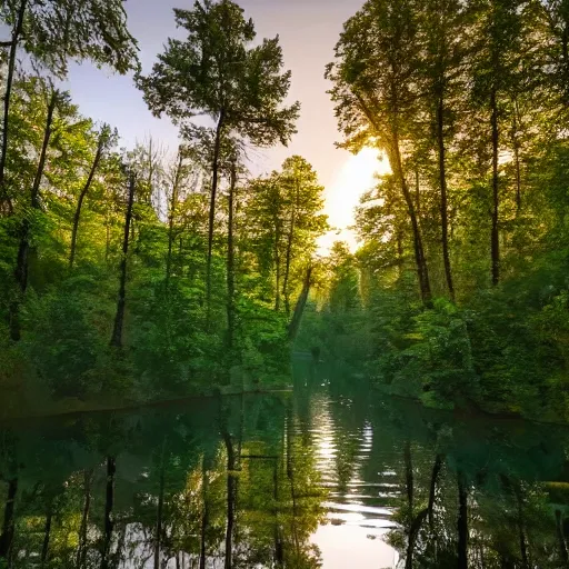 Image similar to river in a forest, golden hour, ray tracing reflection, 8k, hyper realistic, insainly detailed, hdr, octan render,