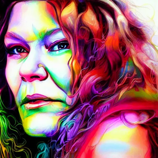 Image similar to portrait of janice joplin at age 2 7 in psychedelic colors, painted by artgerm