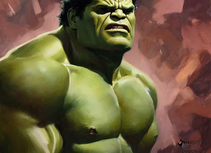 Image similar to a highly detailed beautiful portrait of mark ruffalo as the hulk, by gregory manchess, james gurney, james jean