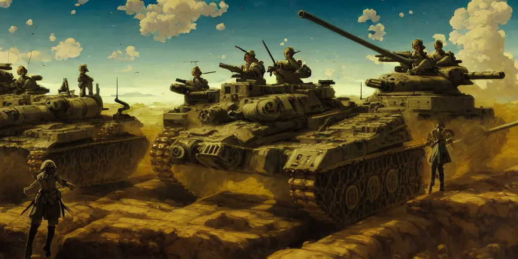 Prompt: baroque oil painting of key visual environment concept art of anime maids riding early tanks in the great war, brutalist fantasy, rule of thirds golden ratio, fake detail, trending pixiv fanbox, acrylic palette knife, style of makoto shinkai ghibli takashi takeuchi yoshiyuki sadamoto jamie wyeth james gilleard greg rutkowski chiho aoshima