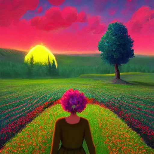 Image similar to flower field becoming a girl with dress and a giant flower as a face, hills, big trees, sunrise dramatic light, impressionist painting, colorful clouds, digital painting, pointillism, artstation, simon stalenhag