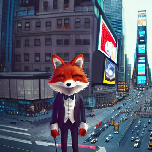 Image similar to anthropomorphic furry fox wearing a tuxedo stands on the times square ,detailed, environment, building, cinematic lights, rule of thirds, Artstation