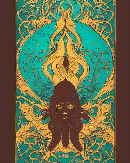 Prompt: Tarot card, seven of singularities, teal paper, smoke swirls, light Brown color, dark Brown color, ornate, elaborate, intricate gold metallic details, eloquent, full art, asian style inspiration