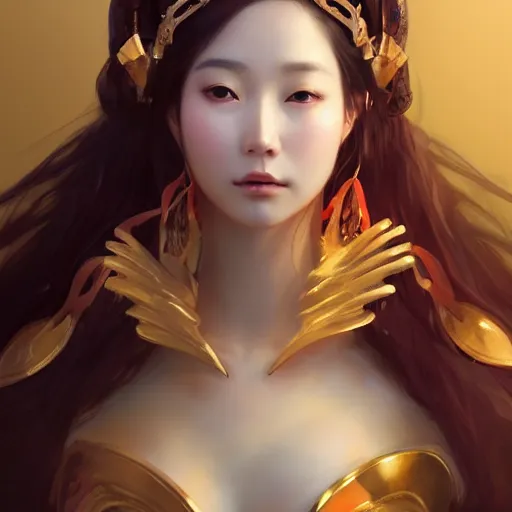 Image similar to A portrait of a female korean model as Ishtar the goddess of love, Stjepan Sejic, Ruan Jia, and Mandy Jurgens, and Artgerm, and william adolphe bouguereau, highly detailed, trending on artstation, award winning