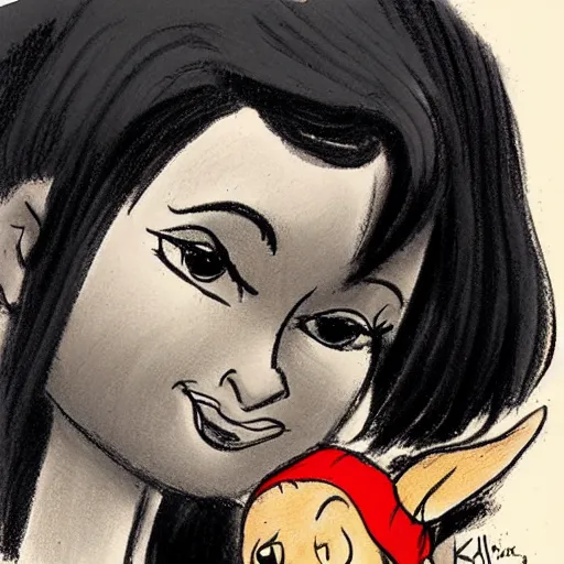 Image similar to milt kahl sketch of black hair cuban girl with dog nose