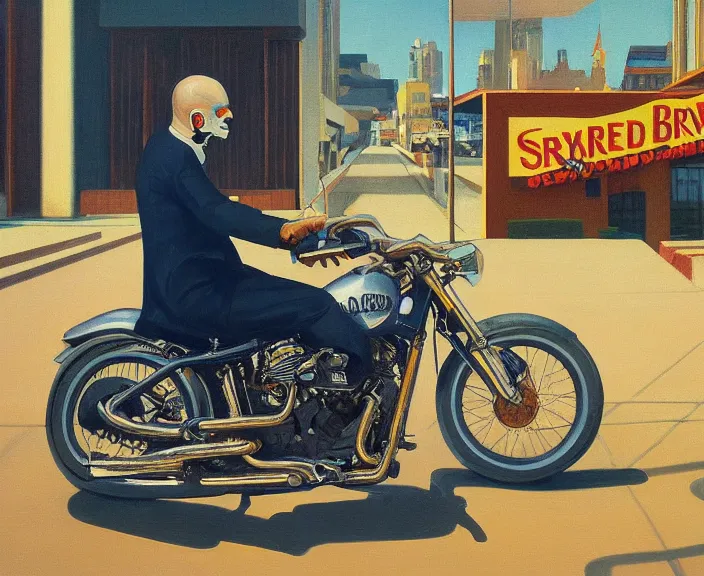 Image similar to a very detailed painting of a man wearing a suit, his head is a skull, riding a motorbike down a street, harley davidson motorbike, worm's - eye view, very fine brush strokes, very aesthetic, very futuristic, in the style of edward hopper and grant wood and syd mead, 4 k,