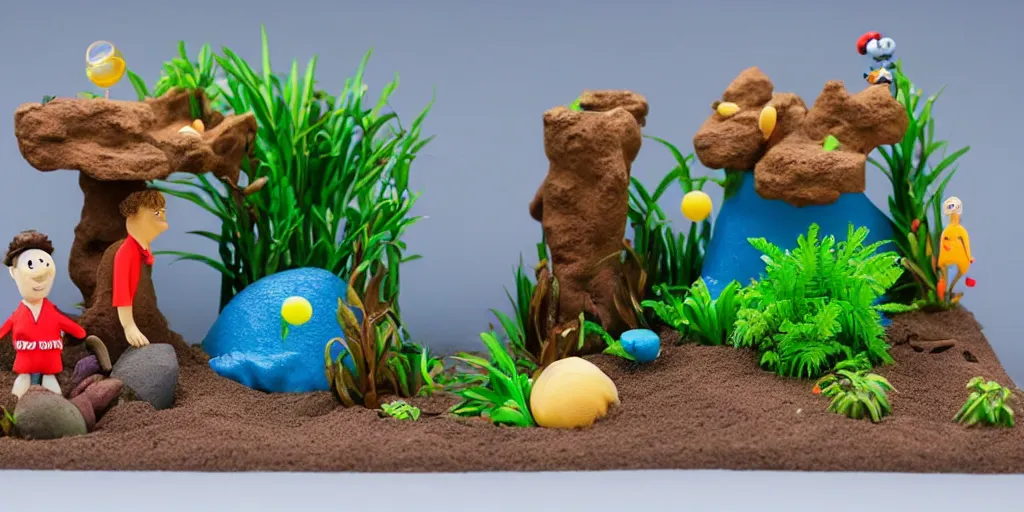 Image similar to plasticine models. side view of tropical fish tank with sand and gravel, wallace and gromit, wrong trousers. figures clay. water. aquatic photography. bubbles out of a shell