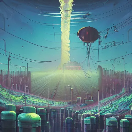 Prompt: beautiful painting of the empyrean glitched factory in a corals alien vortex in the style of Simon Stålenhag and H. R. Giger, detailed, trending on Artstation