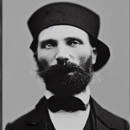 Image similar to A photograph portrait of Jerma985 in the mid-late 1800s with a top hat and beard, taken in the mid-late 1800s, grainy, taken on a Field View Camera, realistic, hyperrealistic, very realistic, highly detailed, very detailed, extremely detailed, detailed, digital art, trending on artstation