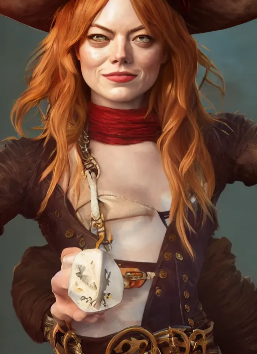 Prompt: emma stone is a pirate captain, hyper detailed, digital art, trending in artstation, cinematic lighting, studio quality, smooth render, unreal engine 5 rendered, octane rendered, art style by klimt and nixeu and ian sprigger and wlop and krenz cushart.