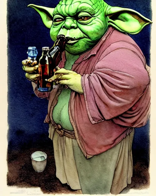 Prompt: a realistic and atmospheric watercolour fantasy character concept art portrait of a fat dirty yoda drinking out of a bottle with pink eyes wearing a wife beater. by rebecca guay, michael kaluta, charles vess and jean moebius giraud