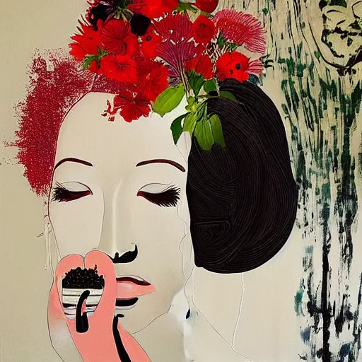 Prompt: “art in an Australian artist’s apartment, portrait of a depressed woman wearing black silk cloth, eating sexy fresh raspberries and strawberries and blueberries, white wax, edible flowers, Japanese pottery, Australian native flannel flowers ikebana, black walls, acrylic and spray paint and oilstick on canvas”