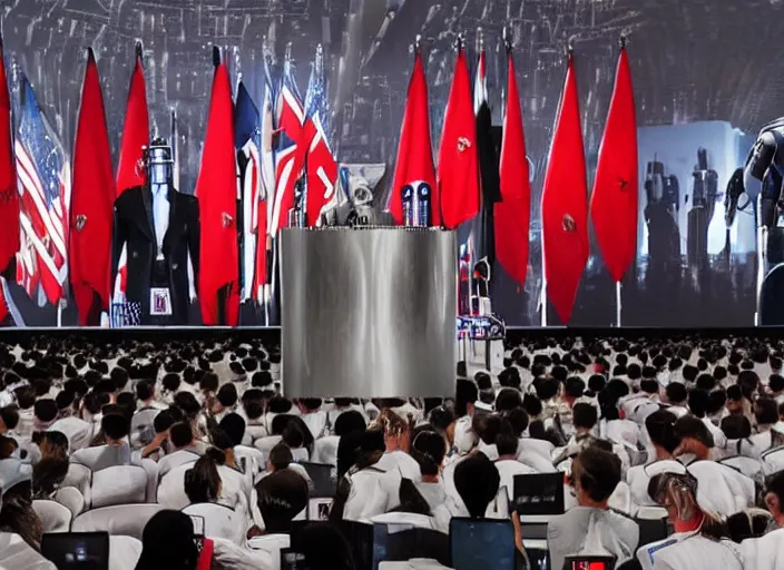 Image similar to dystopian propaganda style human robot dictator giving a speech to human robots next to two large flags with robot heads on them