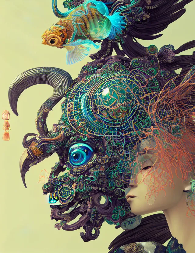 Image similar to 3 d goddess close - up profile solarpunk portrait ram skull. beautiful intricately detailed japanese crow kitsune mask and clasical japanese kimono. betta fish, jellyfish phoenix, bio luminescent, plasma, ice, water, wind, creature, artwork by tooth wu and wlop and beeple and greg rutkowski