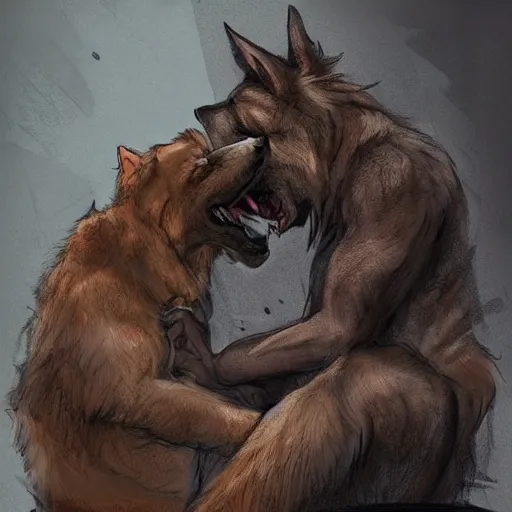 Image similar to two humanoid german shepherds beast - men, sitting on a couch and hugging together, artstation, concept art, smooth, sharp foccus ilustration, artstation