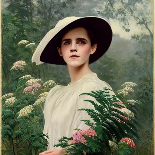 Prompt: thick paint brush strokes full body fashion model emma watson by Jeremy Lipking by Hasui Kawase by Richard Schmid (((smokey eyes makeup eye shadow fantasy, glow, shimmer as victorian woman in a long white frilly lace dress and a large white hat having tea in a sunroom filled with flowers, roses and lush fern flowers ,intricate, night, highly detailed, dramatic lighting))) , high quality