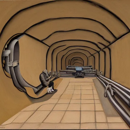 Image similar to 3 d cutaway view of a cardiovascular network of tunnels connecting round concrete domiciles, by grant wood, pj crook, edward hopper, oil on canvas