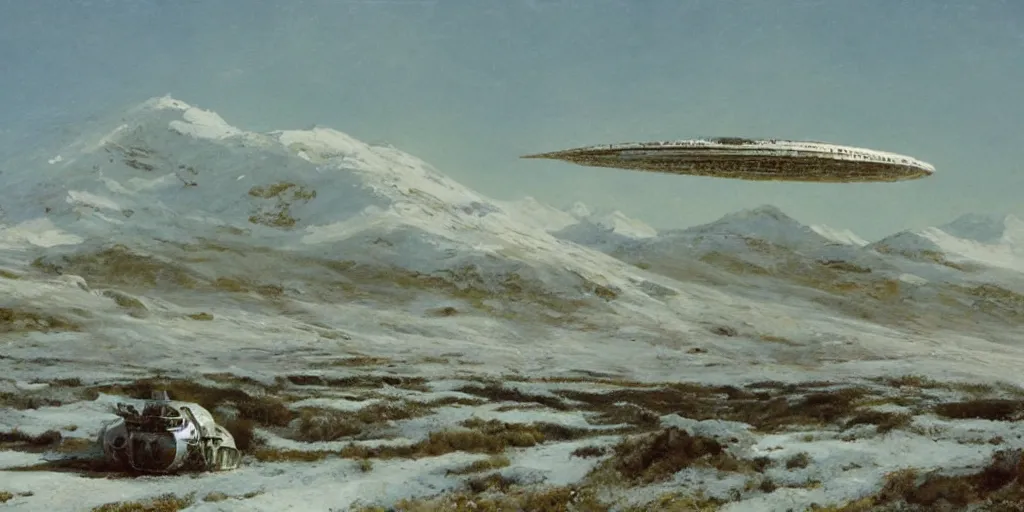 Prompt: Fernand Khnopff white giant spaceship landed laying in center on tansy wormwood field, snowy mountain afar by Fernand Khnopff by john berkey, oil painting, concept art