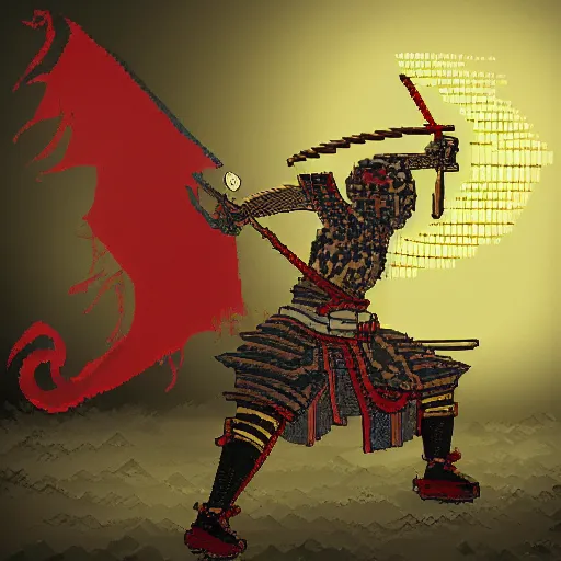 Prompt: a pixel art of a samurai versus a dragon, high detail, advanced rendering, hyper realistic, 4 k