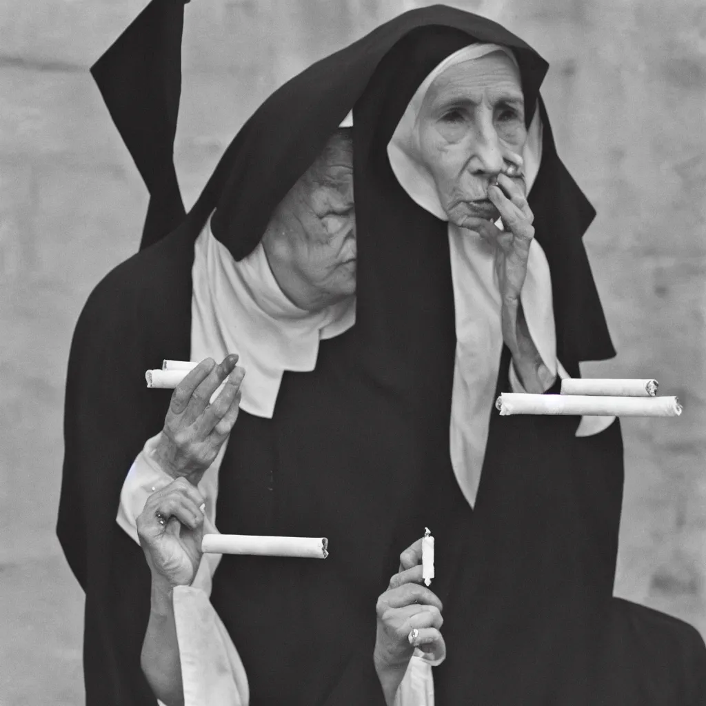 Prompt: a nun smoking a cigarette