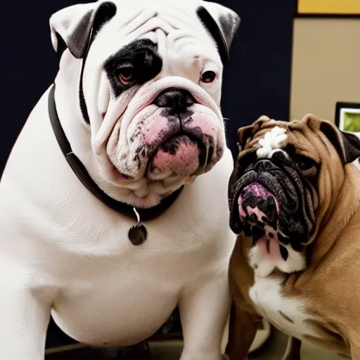 Image similar to Buddy the graying middle aged homeless man holding an xbox controller next to a crowned royalty english bulldog, photo by Wes Anderson