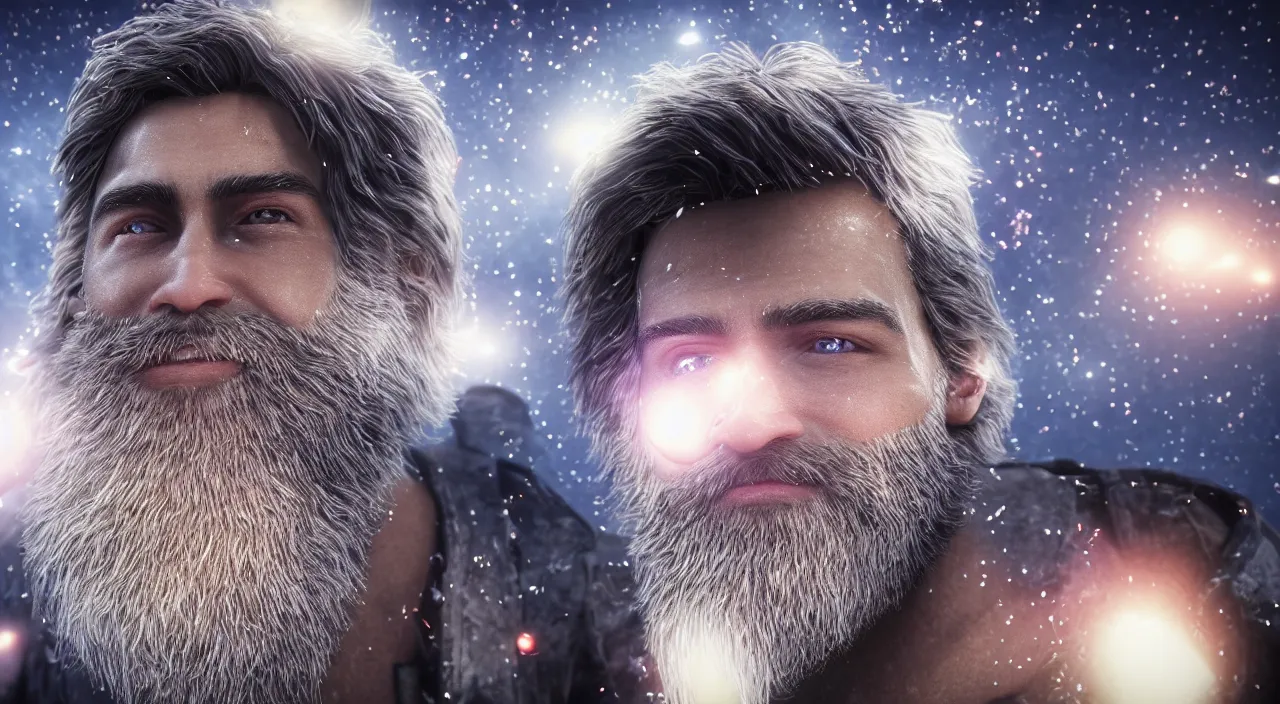 Image similar to Close up smiling handsome man with glowing galaxy eyeballs and majestic beard, professional studio photography, depth of field, intricate details, photorealistic, high quality. Rendered with autodesk arnold unreal engine octane render Lumion Blender Maxwell.