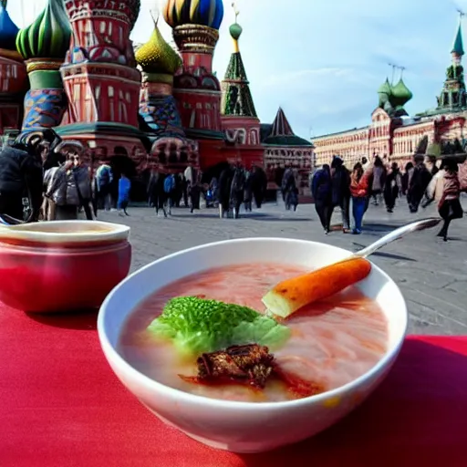 Image similar to Funny Dragon eating russian borsch soup on the Red Square,