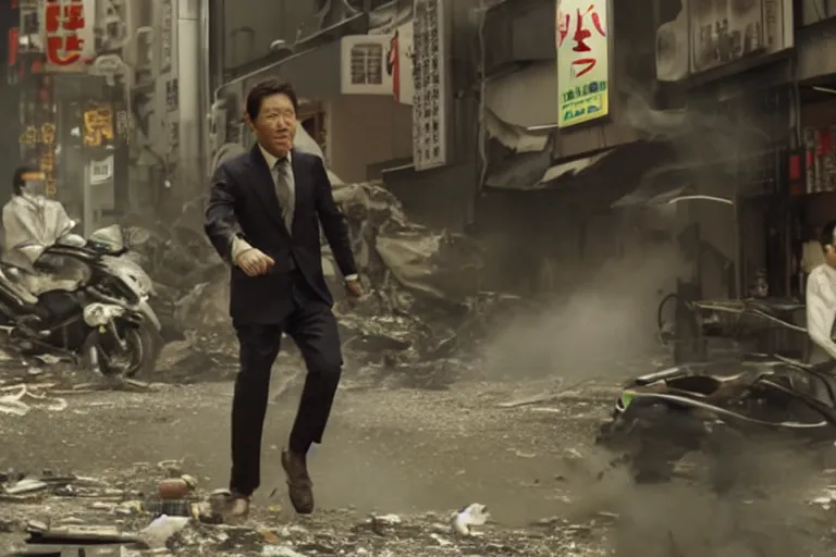 Image similar to cinematography action movie closeup portrait of a Japanese business man carrying his dog running from an explosion in Tokyo by Neil blomkamp