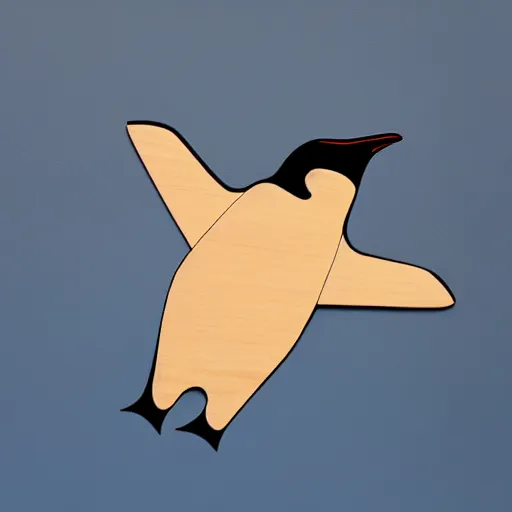 Image similar to wooden penguin flying in space, abstract