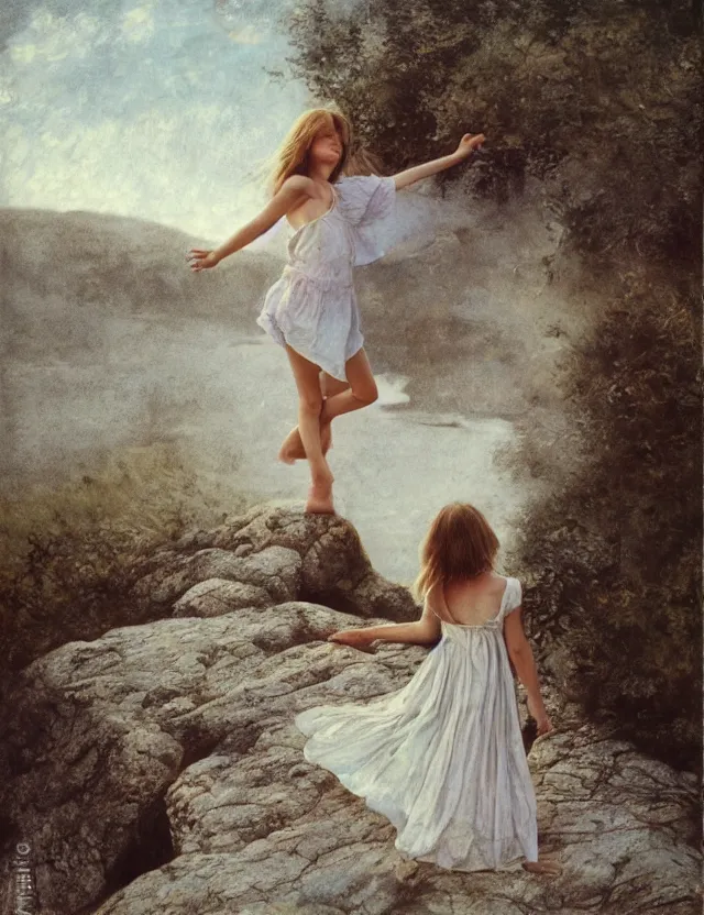 Image similar to peasant barefoot girl with long blowing windy hair standing hands up on the edge of rock, cottage core, cinematic focus, polaroid photo bleached vintage pastel colors high - key lighting, soft lights, foggy, by steve hanks, by lisa yuskavage, by serov valentin, by tarkovsky, 8 k render, detailed, oil on canvas