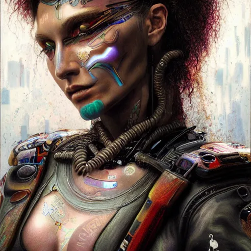 Image similar to a hyperrealistic portrait painting of a beautiful female cyberpunk warrior, by alan moore, highly detailed,