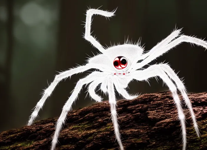 Prompt: white crystal clear spider with huge red eyes, in a forest. highly detailed 8 k. intricate. lifelike. soft light. fantasy horror style. cinematic post - processing