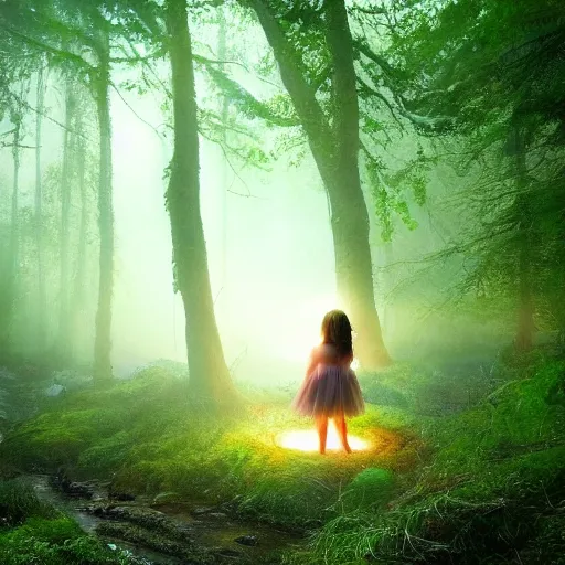 Image similar to forest child and fairy, light, river, magical forest, fog, moss