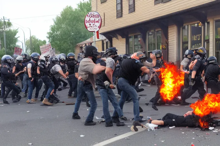 Image similar to violent protest in front of The cracker barrel, photorealistic