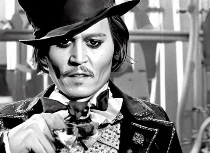 Image similar to film still of Johnny Depp as Willy Wonka in Willy Wonka and the Chocolate Factory 1971