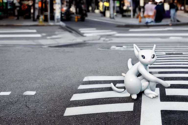 Image similar to closeup potrait of Mewtwo at a crosswalk in Tokyo, natural light, sharp, detailed face, magazine, press, photo, Steve McCurry, David Lazar, Canon, Nikon, focus